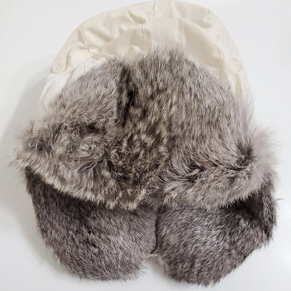 CROWN CAP Rabbit Fur Aviator Trapper Hat Large White Grey Unisex - Picture 3 of 10